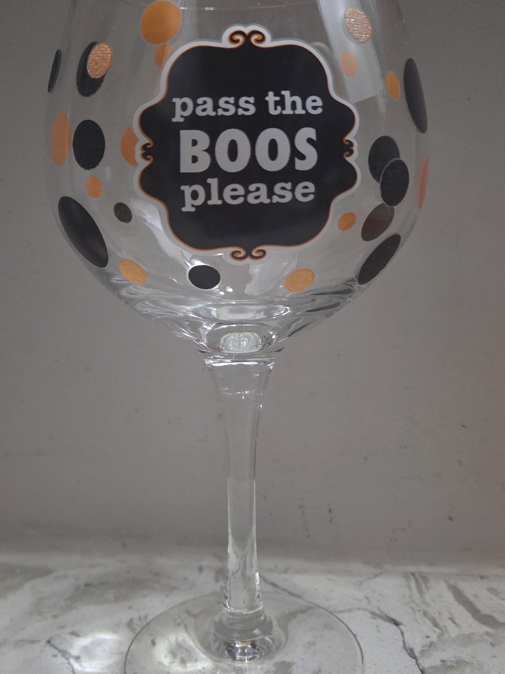 Halloween Wine Glass - "Pass the Boos Please" - Black & Orange Dot Design